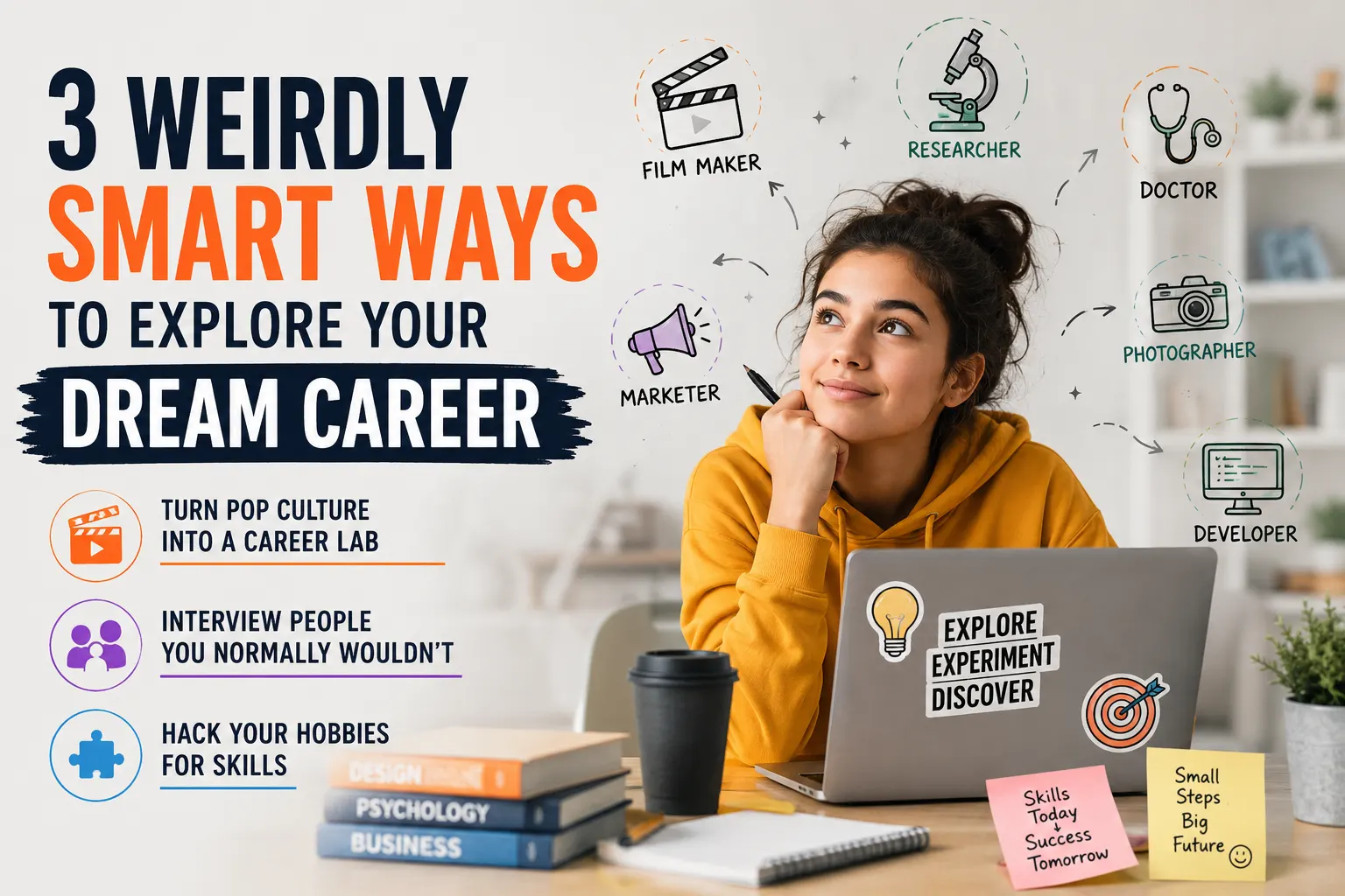 High school student exploring dream career options through pop culture, professional interviews, and hobbies.